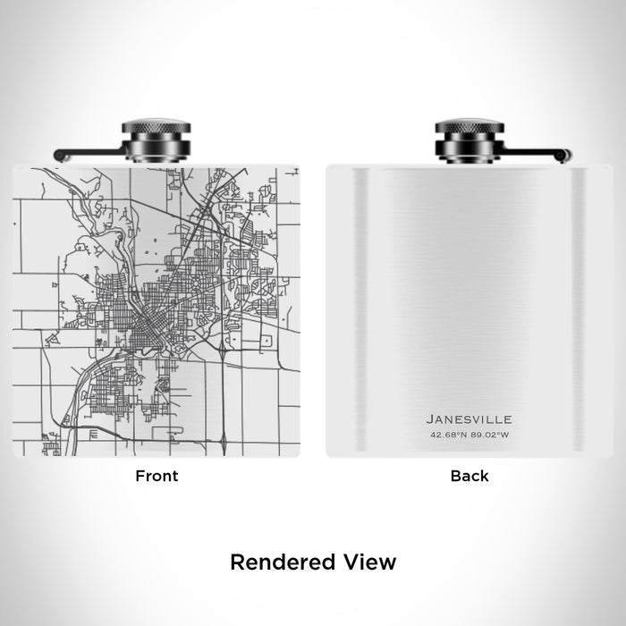 Rendered View of Janesville Wisconsin Map Engraving on 6oz Stainless Steel Flask in White