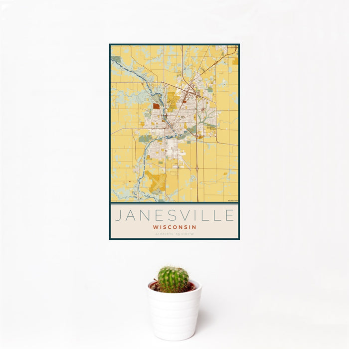12x18 Janesville Wisconsin Map Print Portrait Orientation in Woodblock Style With Small Cactus Plant in White Planter