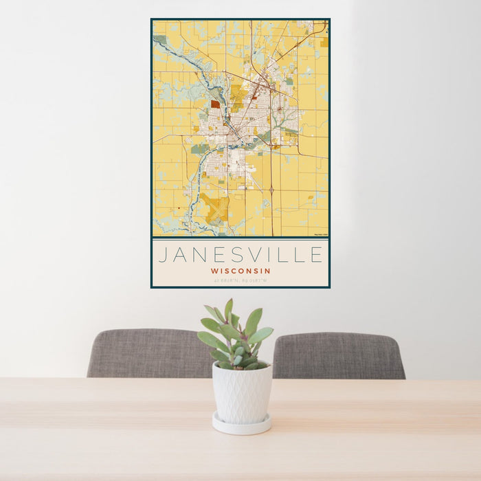 24x36 Janesville Wisconsin Map Print Portrait Orientation in Woodblock Style Behind 2 Chairs Table and Potted Plant