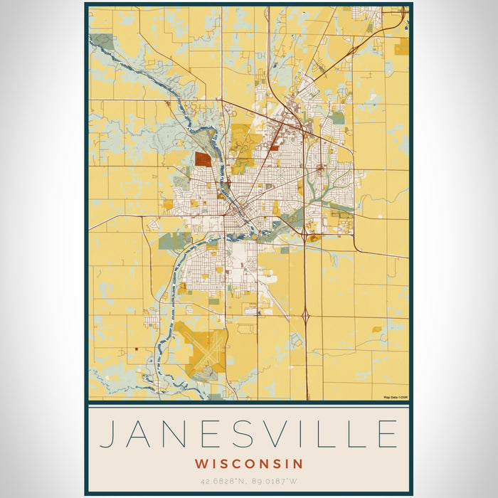 Janesville Wisconsin Map Print Portrait Orientation in Woodblock Style With Shaded Background