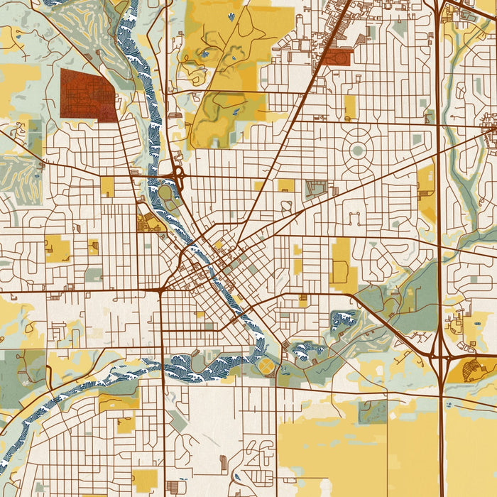 Janesville Wisconsin Map Print in Woodblock Style Zoomed In Close Up Showing Details