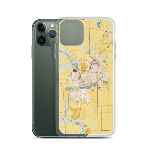 Custom Janesville Wisconsin Map Phone Case in Woodblock on Table with Laptop and Plant