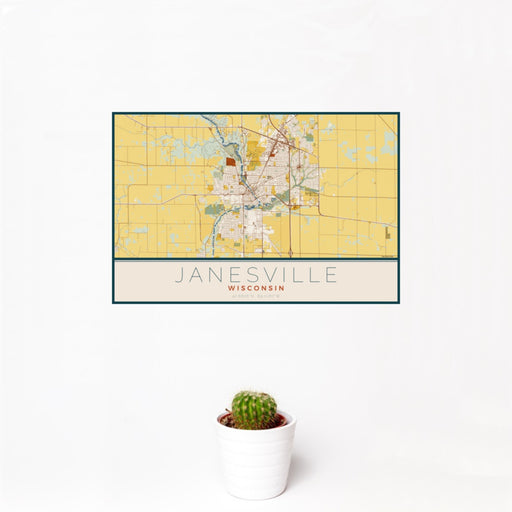 12x18 Janesville Wisconsin Map Print Landscape Orientation in Woodblock Style With Small Cactus Plant in White Planter
