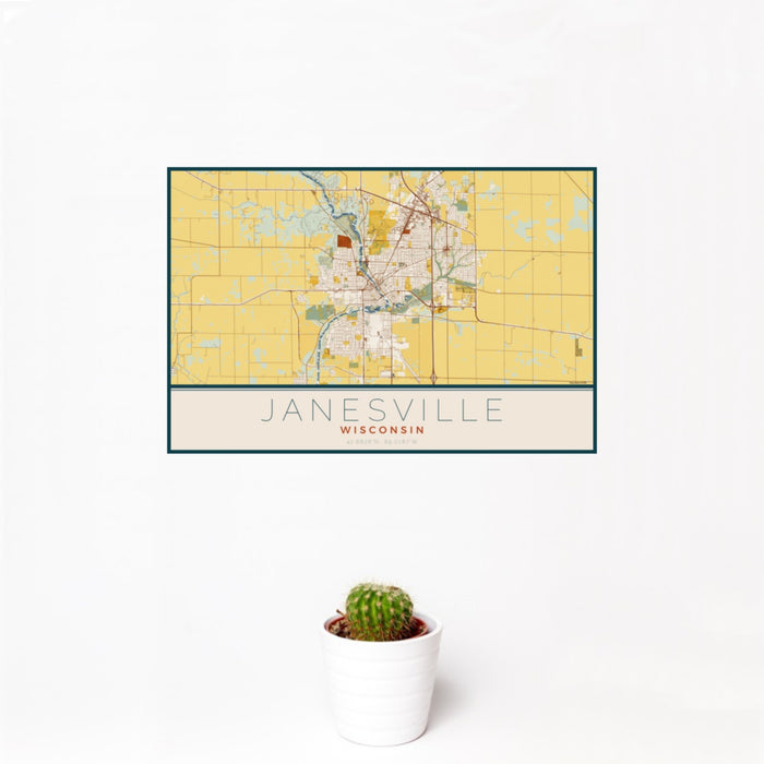 12x18 Janesville Wisconsin Map Print Landscape Orientation in Woodblock Style With Small Cactus Plant in White Planter