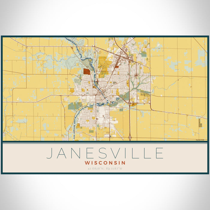Janesville Wisconsin Map Print Landscape Orientation in Woodblock Style With Shaded Background