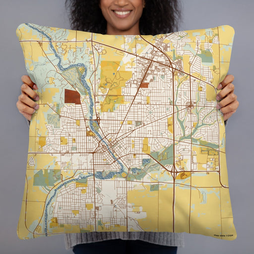 Person holding 22x22 Custom Janesville Wisconsin Map Throw Pillow in Woodblock
