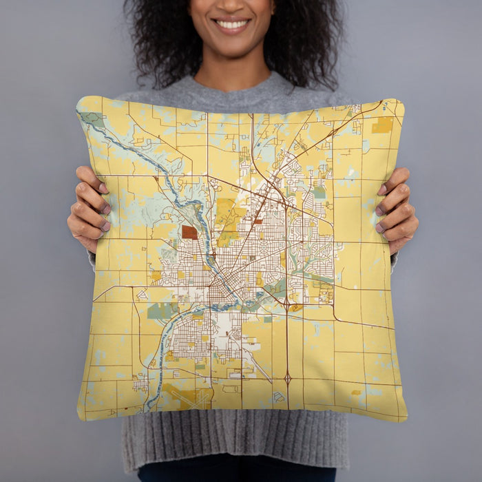 Person holding 18x18 Custom Janesville Wisconsin Map Throw Pillow in Woodblock