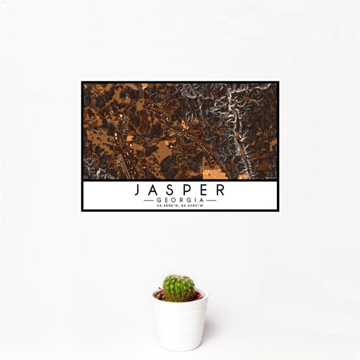 12x18 Jasper Georgia Map Print Landscape Orientation in Ember Style With Small Cactus Plant in White Planter