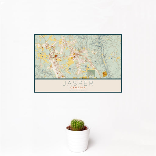 12x18 Jasper Georgia Map Print Landscape Orientation in Woodblock Style With Small Cactus Plant in White Planter