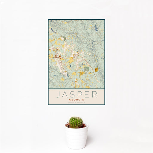 12x18 Jasper Georgia Map Print Portrait Orientation in Woodblock Style With Small Cactus Plant in White Planter
