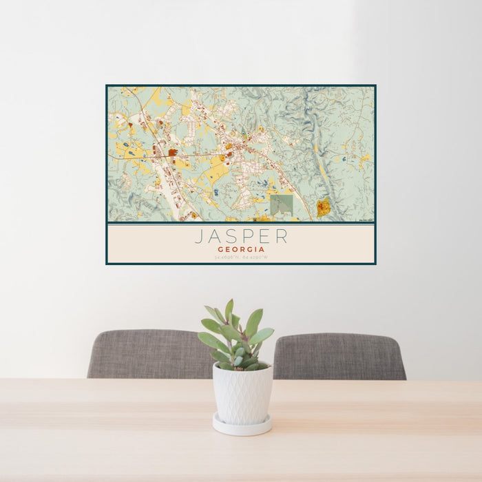 24x36 Jasper Georgia Map Print Lanscape Orientation in Woodblock Style Behind 2 Chairs Table and Potted Plant