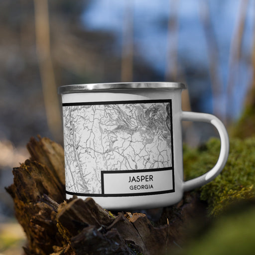 Right View Custom Jasper Georgia Map Enamel Mug in Classic on Grass With Trees in Background