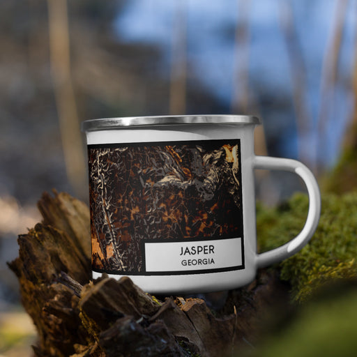 Right View Custom Jasper Georgia Map Enamel Mug in Ember on Grass With Trees in Background