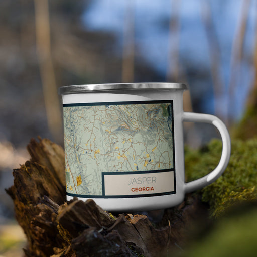 Right View Custom Jasper Georgia Map Enamel Mug in Woodblock on Grass With Trees in Background