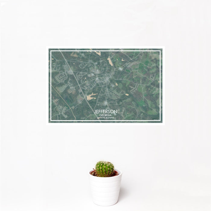 12x18 Jefferson Georgia Map Print Landscape Orientation in Afternoon Style With Small Cactus Plant in White Planter
