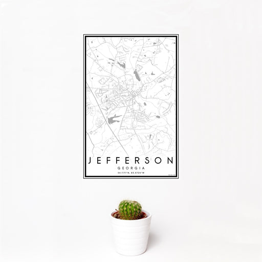 12x18 Jefferson Georgia Map Print Portrait Orientation in Classic Style With Small Cactus Plant in White Planter