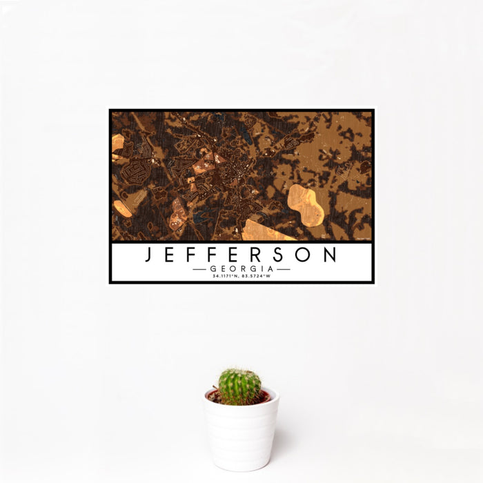 12x18 Jefferson Georgia Map Print Landscape Orientation in Ember Style With Small Cactus Plant in White Planter