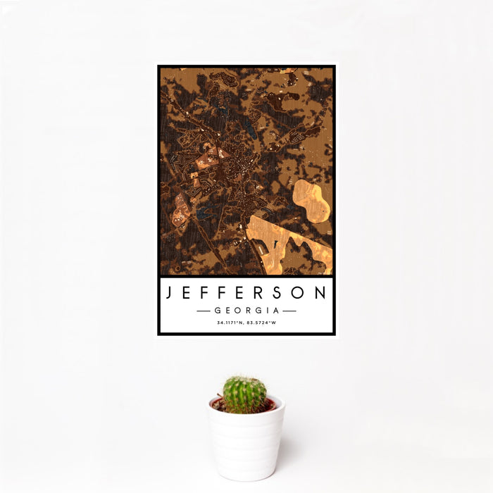 12x18 Jefferson Georgia Map Print Portrait Orientation in Ember Style With Small Cactus Plant in White Planter