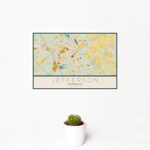 12x18 Jefferson Georgia Map Print Landscape Orientation in Woodblock Style With Small Cactus Plant in White Planter