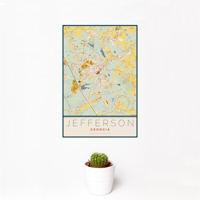 12x18 Jefferson Georgia Map Print Portrait Orientation in Woodblock Style With Small Cactus Plant in White Planter