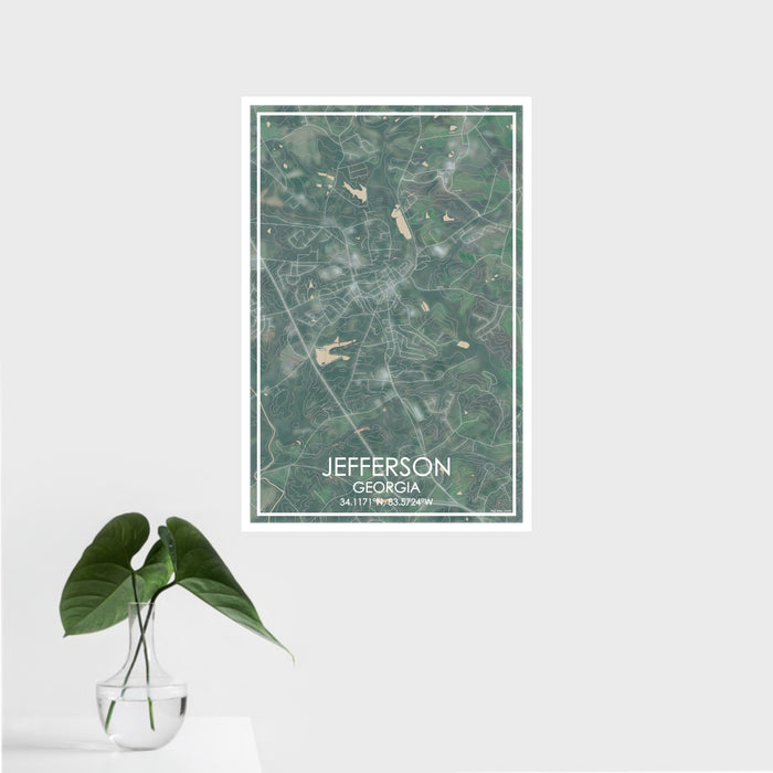 16x24 Jefferson Georgia Map Print Portrait Orientation in Afternoon Style With Tropical Plant Leaves in Water