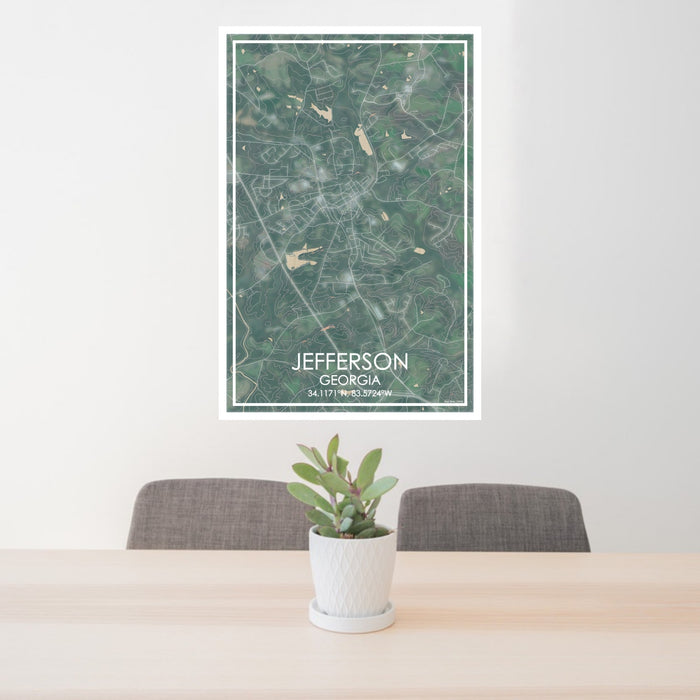 24x36 Jefferson Georgia Map Print Portrait Orientation in Afternoon Style Behind 2 Chairs Table and Potted Plant