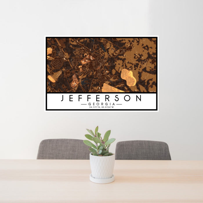 24x36 Jefferson Georgia Map Print Lanscape Orientation in Ember Style Behind 2 Chairs Table and Potted Plant