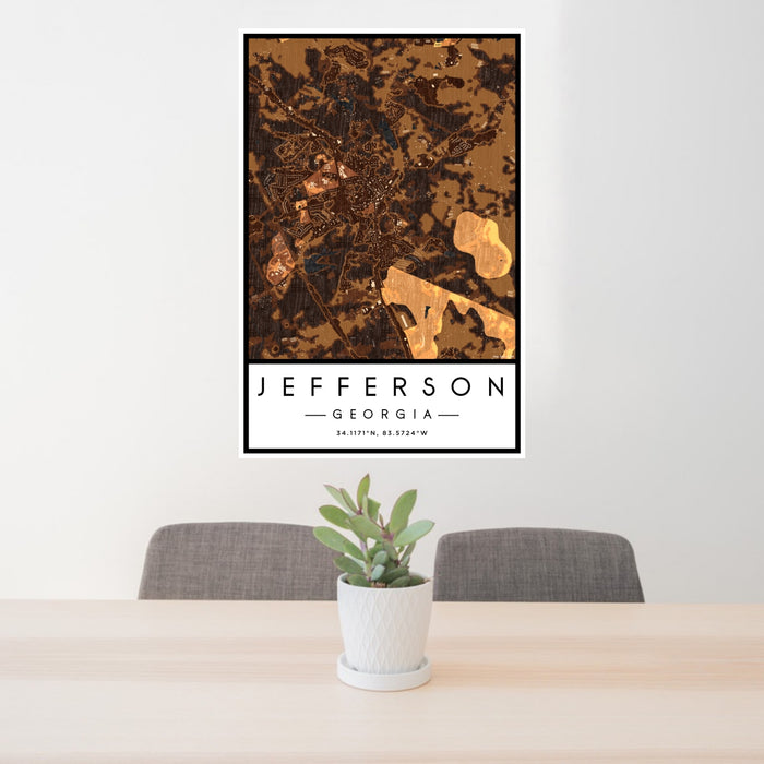 24x36 Jefferson Georgia Map Print Portrait Orientation in Ember Style Behind 2 Chairs Table and Potted Plant