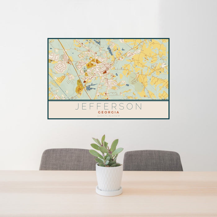 24x36 Jefferson Georgia Map Print Lanscape Orientation in Woodblock Style Behind 2 Chairs Table and Potted Plant
