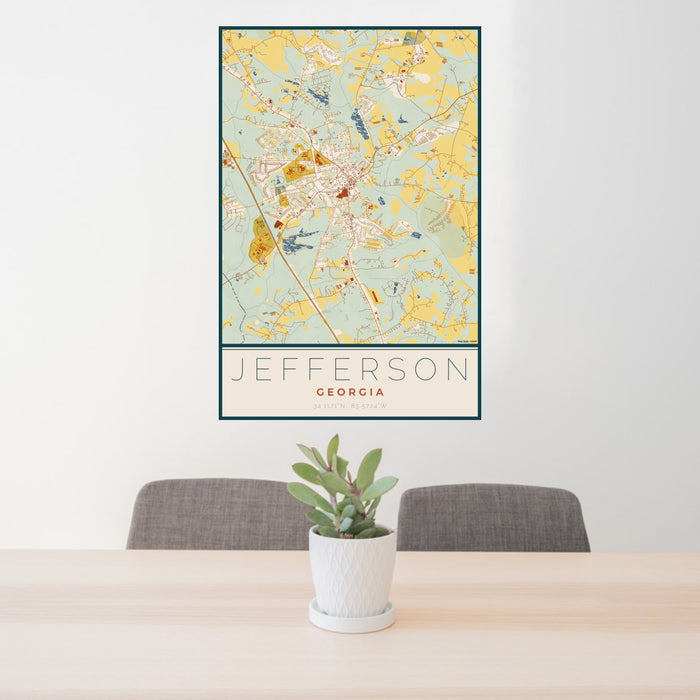 24x36 Jefferson Georgia Map Print Portrait Orientation in Woodblock Style Behind 2 Chairs Table and Potted Plant