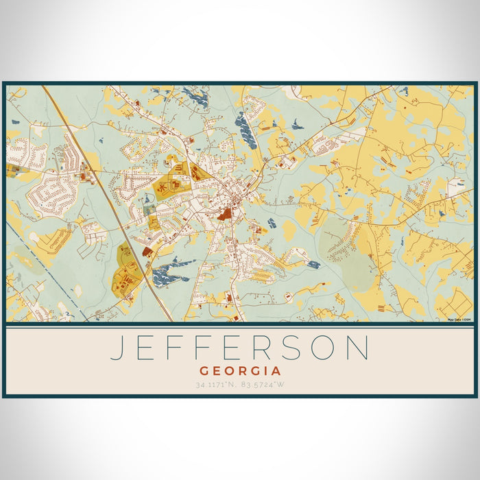 Jefferson Georgia Map Print Landscape Orientation in Woodblock Style With Shaded Background