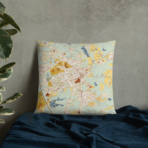 Custom Jefferson Georgia Map Throw Pillow in Woodblock on Bedding Against Wall