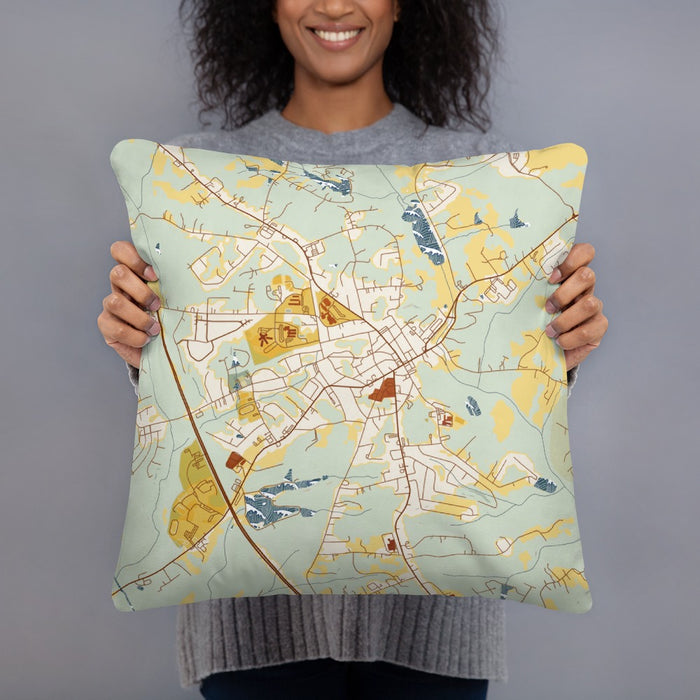 Person holding 18x18 Custom Jefferson Georgia Map Throw Pillow in Woodblock