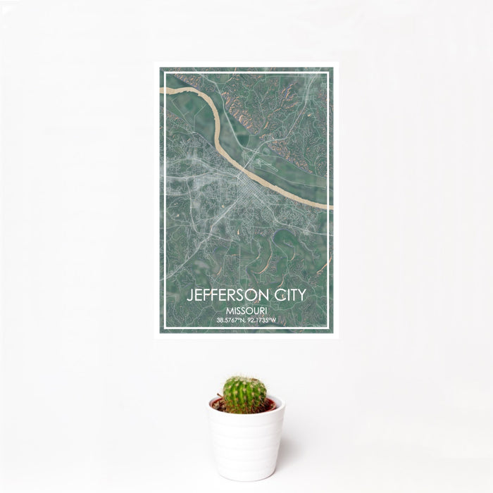 12x18 Jefferson City Missouri Map Print Portrait Orientation in Afternoon Style With Small Cactus Plant in White Planter