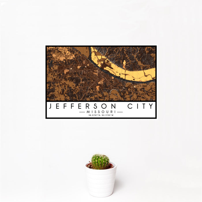 12x18 Jefferson City Missouri Map Print Landscape Orientation in Ember Style With Small Cactus Plant in White Planter