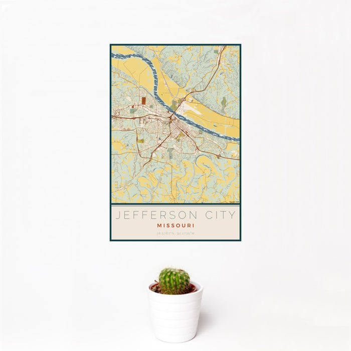 12x18 Jefferson City Missouri Map Print Portrait Orientation in Woodblock Style With Small Cactus Plant in White Planter