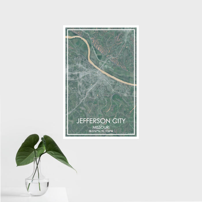 16x24 Jefferson City Missouri Map Print Portrait Orientation in Afternoon Style With Tropical Plant Leaves in Water