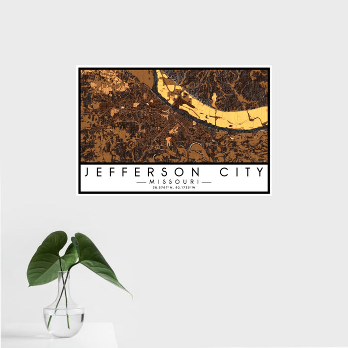 16x24 Jefferson City Missouri Map Print Landscape Orientation in Ember Style With Tropical Plant Leaves in Water