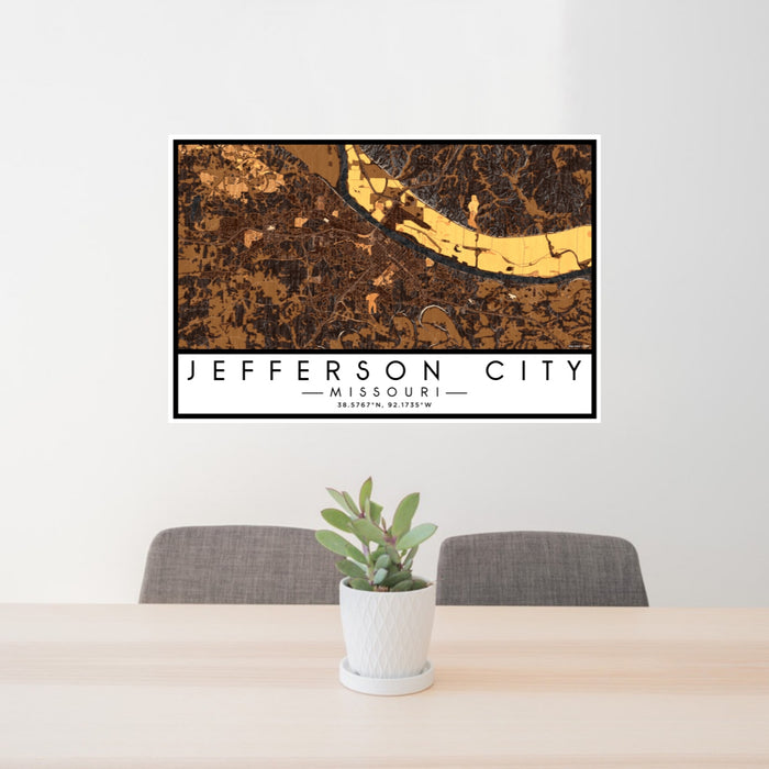 24x36 Jefferson City Missouri Map Print Lanscape Orientation in Ember Style Behind 2 Chairs Table and Potted Plant
