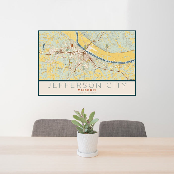 24x36 Jefferson City Missouri Map Print Lanscape Orientation in Woodblock Style Behind 2 Chairs Table and Potted Plant