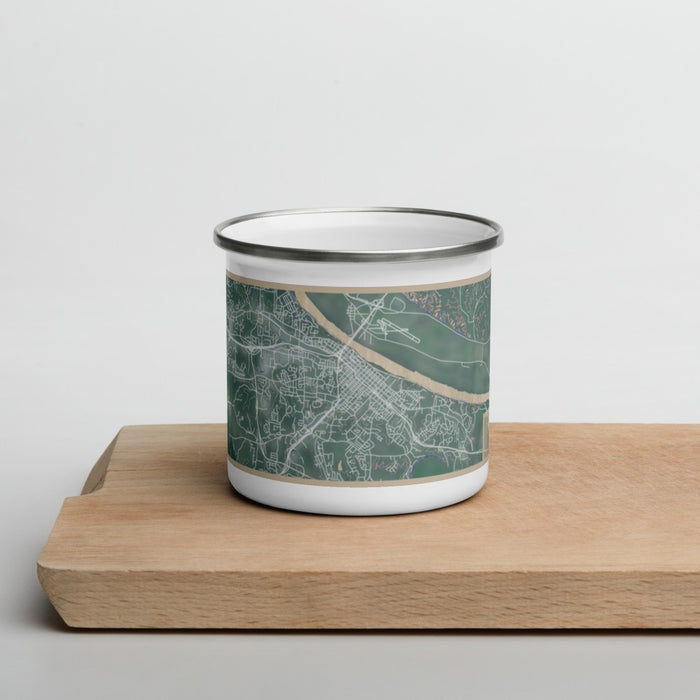Front View Custom Jefferson City Missouri Map Enamel Mug in Afternoon on Cutting Board