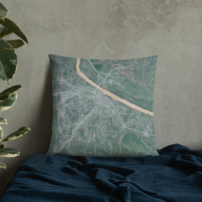 Custom Jefferson City Missouri Map Throw Pillow in Afternoon on Bedding Against Wall
