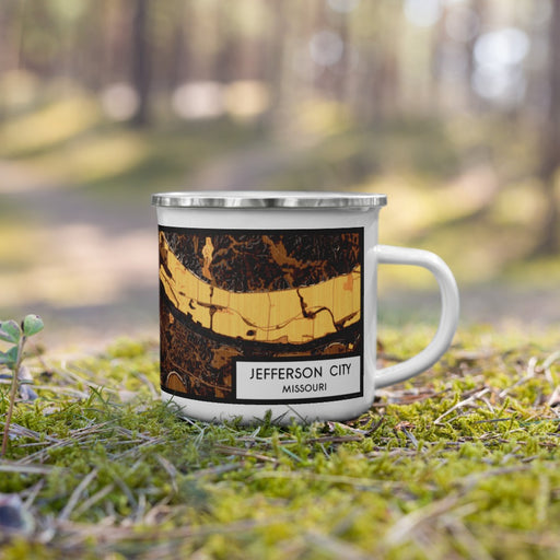 Right View Custom Jefferson City Missouri Map Enamel Mug in Ember on Grass With Trees in Background