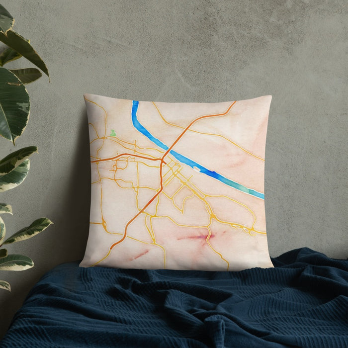 Custom Jefferson City Missouri Map Throw Pillow in Watercolor on Bedding Against Wall