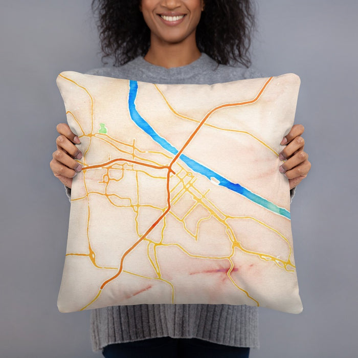 Person holding 18x18 Custom Jefferson City Missouri Map Throw Pillow in Watercolor
