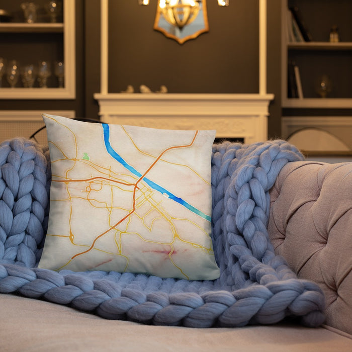 Custom Jefferson City Missouri Map Throw Pillow in Watercolor on Cream Colored Couch