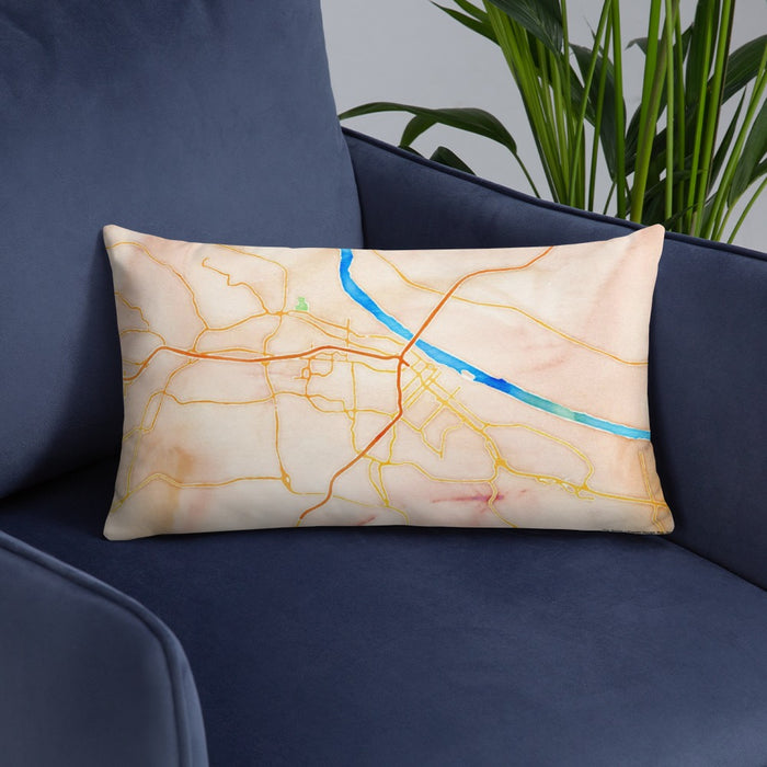 Custom Jefferson City Missouri Map Throw Pillow in Watercolor on Blue Colored Chair