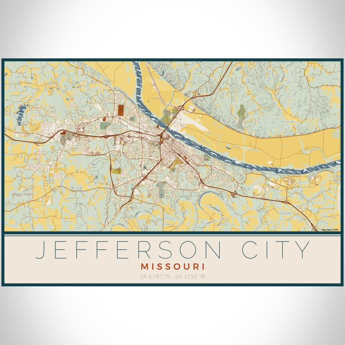 Jefferson City Missouri Map Print Landscape Orientation in Woodblock Style With Shaded Background