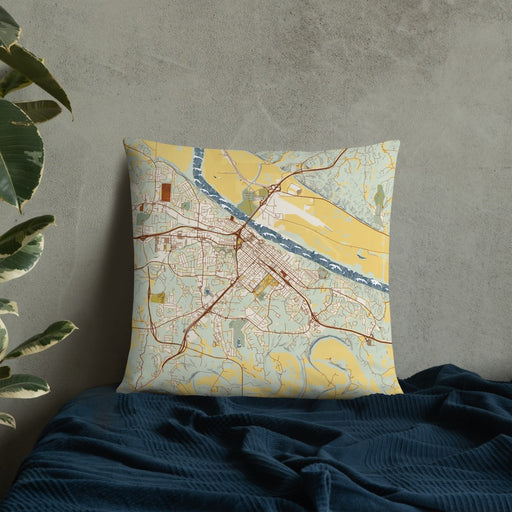 Custom Jefferson City Missouri Map Throw Pillow in Woodblock on Bedding Against Wall