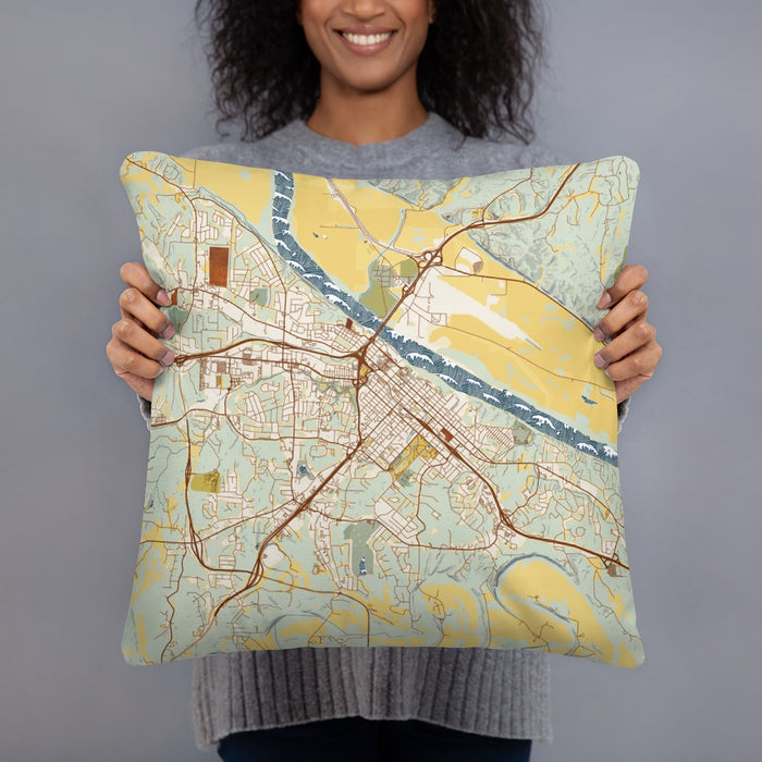 Person holding 18x18 Custom Jefferson City Missouri Map Throw Pillow in Woodblock